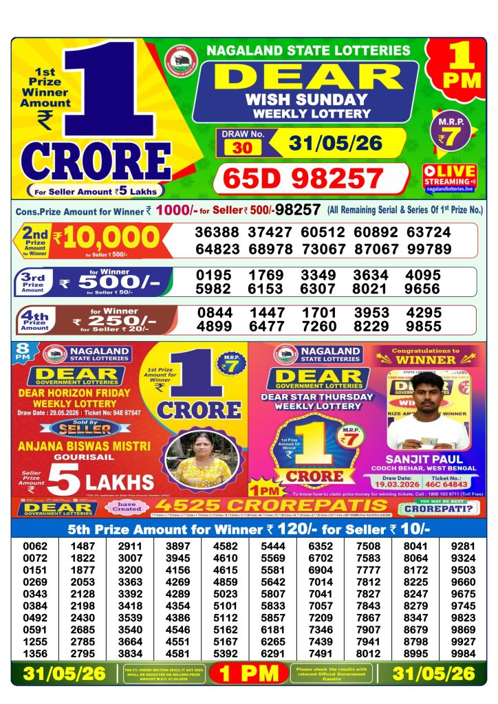 Dear Wish Sunday Weekly Lottery Result 31/05/26