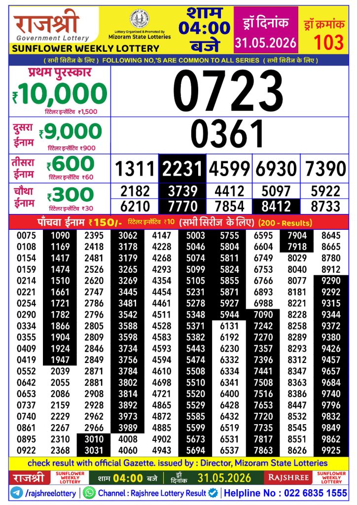 RAJSHREE SUNFLOWER WEEKLY LOTTERY Result 31/05/26