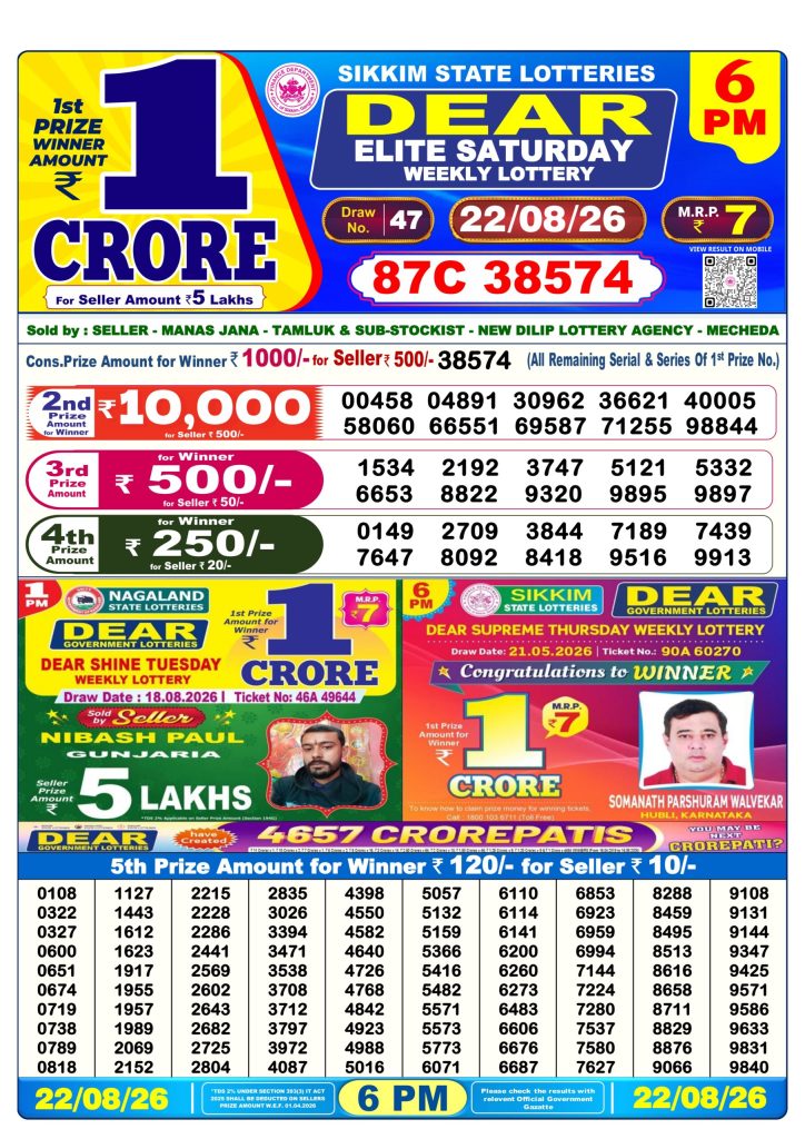 Dear Elite Saturday Weekly Lottery Result 22/08/26