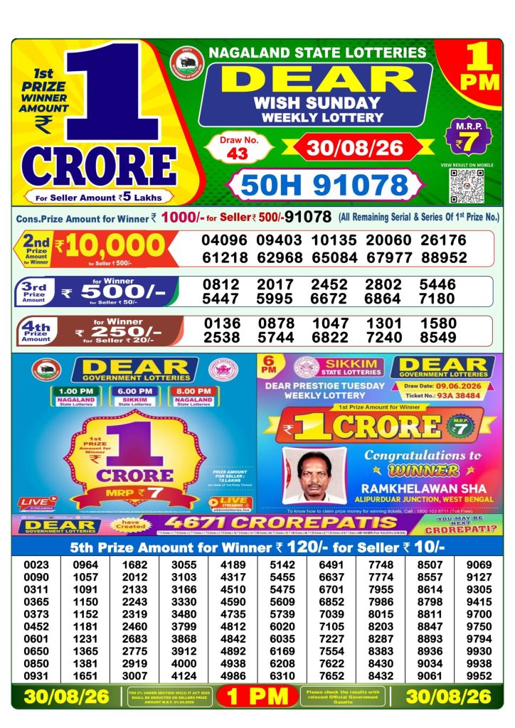 Dear Wish Sunday Weekly Lottery Result 30/08/26