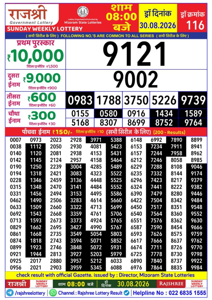 RAJSHREE SUNDAY WEEKLY LOTTERY Result 30/08/26