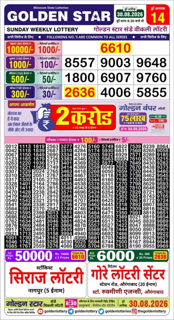 Golden Star Ravi Weekly Lottery Result 30/08/26